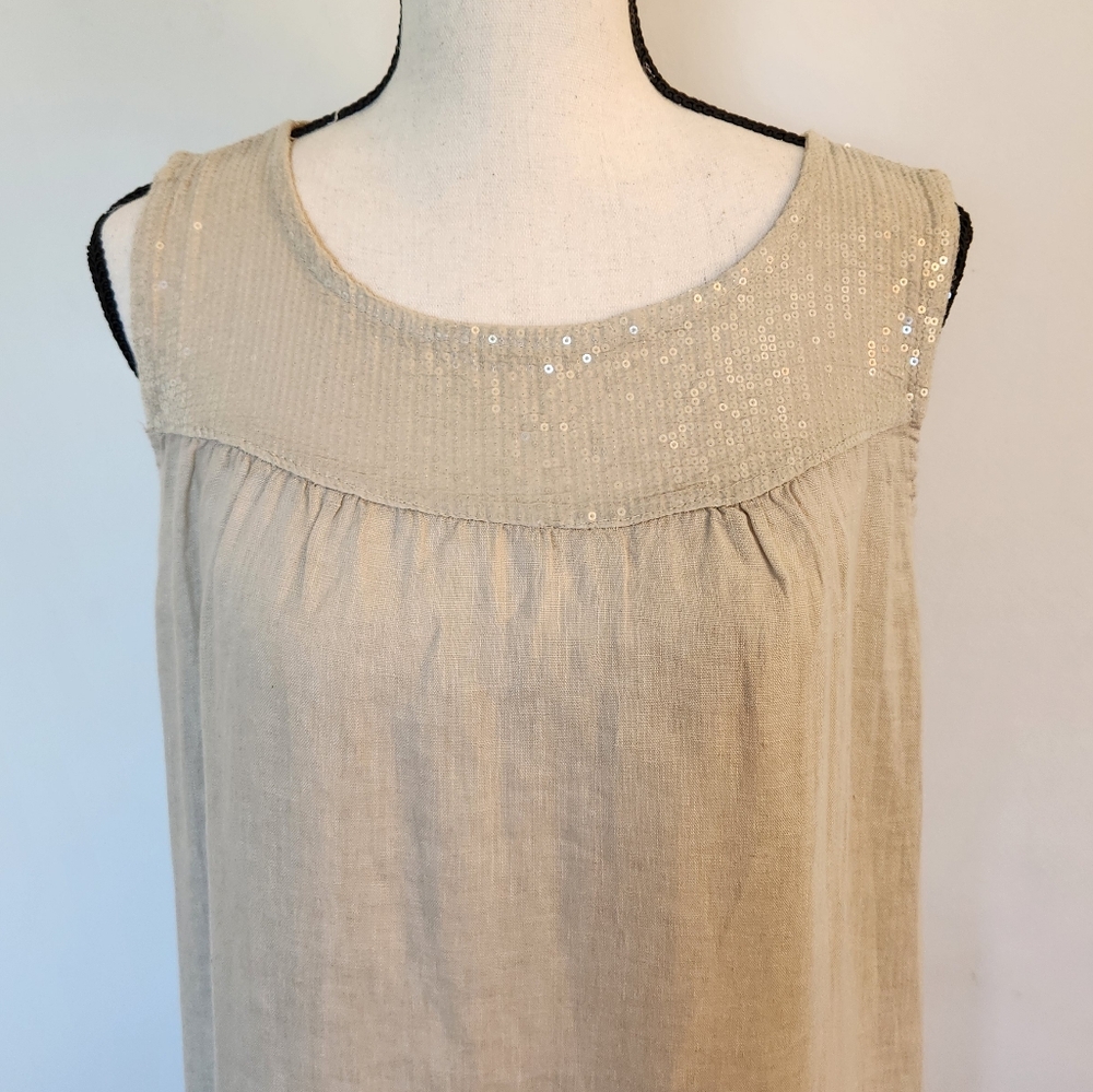 Blu Orchid Linen Dress Sequins Sleeveless Summer  Sundress Tunic Beige Italy M - Picture 3 of 13